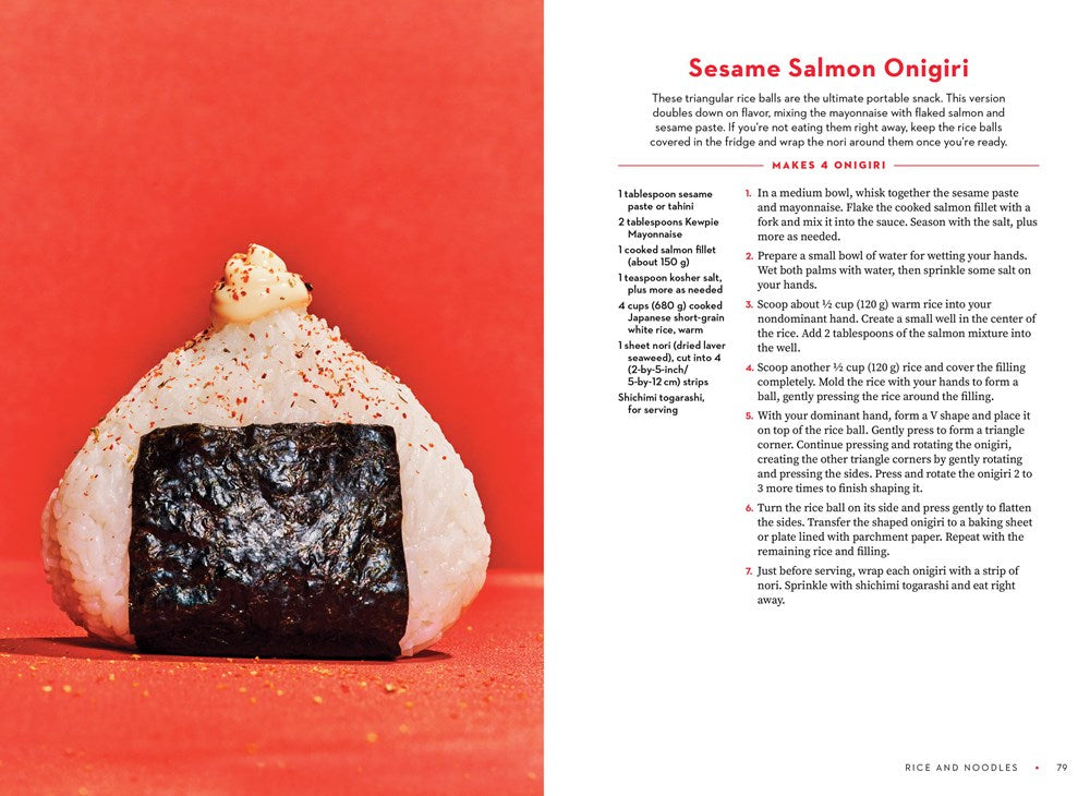 A triangular rice ball sits on a white surface. To the right is a Sesame Salmon Onigiri recipe with Japanese mayo from "For the Love of Kewpie" by Elyse Inamine & Jessie YuChen (Signed), sold by Yu & Me Books.