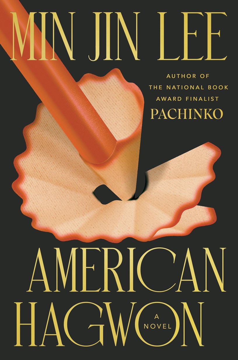 Signed copy of *American Hagwon* by Min Jin Lee from Yu & Me Books. The cover shows an orange pencil being sharpened, forming circular shavings on black. Pre-order now from the bestselling author of *Pachinko*!.