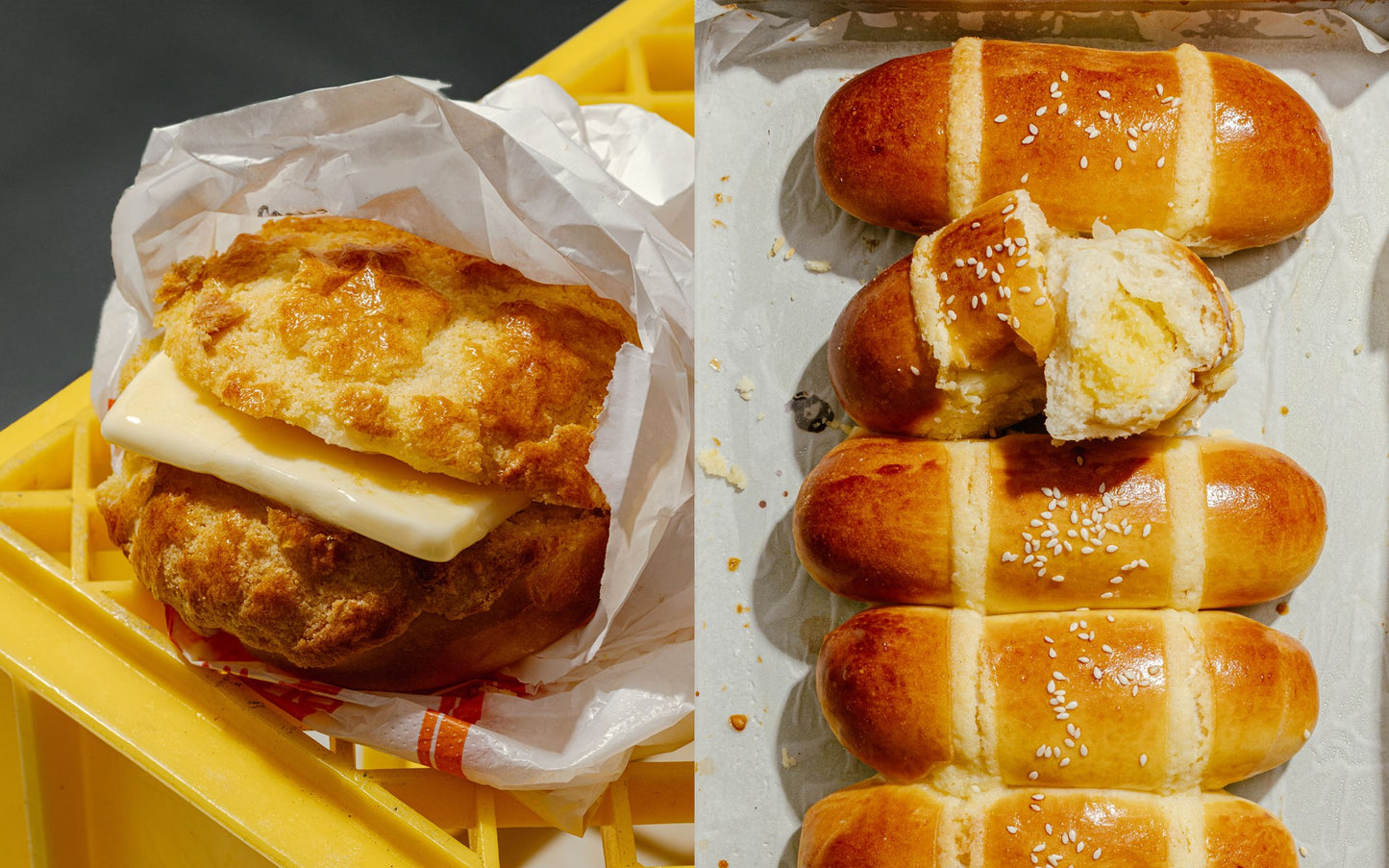 A close-up of comfort food inspired by cha chaan teng bakeries, as seen in Cha Chaan Teng by Lucas Sin (Signed & Personalized!) from Yu & Me Books: a cheesy sandwich and golden Hong Kong rolls, both classic treats.