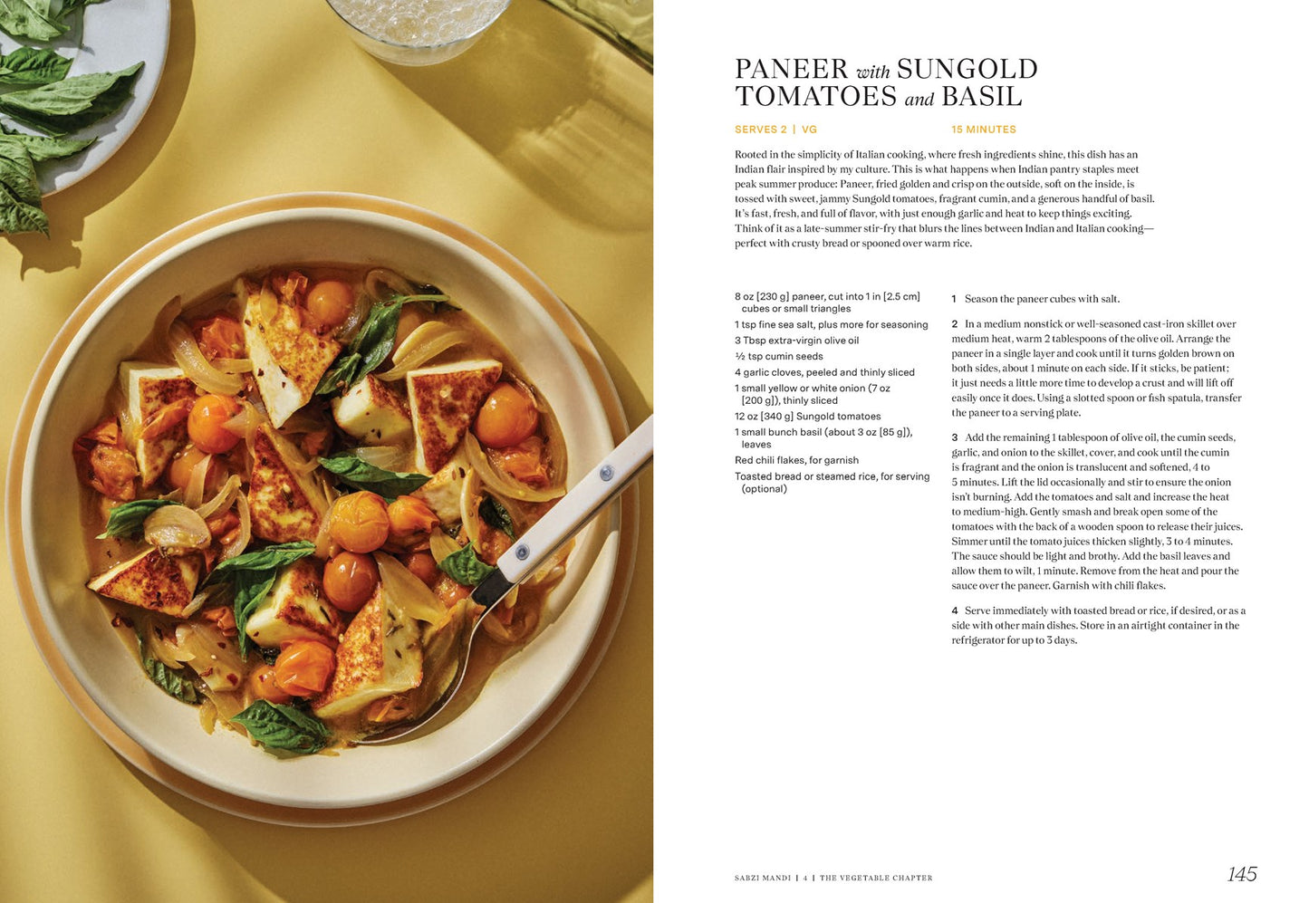 A signed, personalized copy of "East to East" by Rachel Gurjar from Yu & Me Books is shown with a bowl of paneer curry featuring sungold tomatoes, onions, and basil. The recipe appears on the image’s right side.