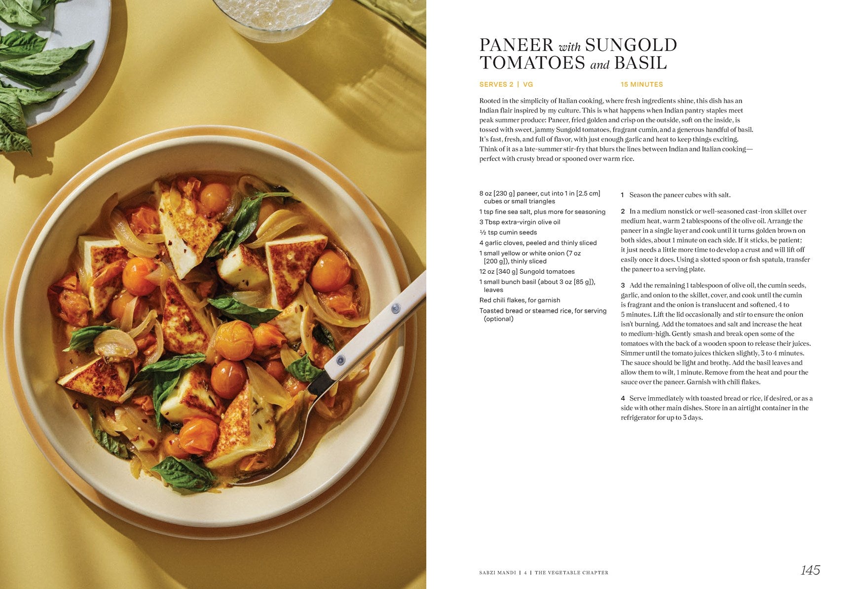 A signed, personalized copy of "East to East" by Rachel Gurjar from Yu & Me Books is shown with a bowl of paneer curry featuring sungold tomatoes, onions, and basil. The recipe appears on the image’s right side.