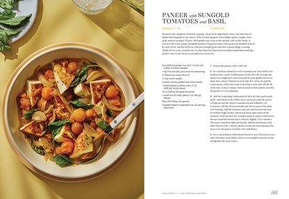 A signed, personalized copy of "East to East" by Rachel Gurjar from Yu & Me Books is shown with a bowl of paneer curry featuring sungold tomatoes, onions, and basil. The recipe appears on the image’s right side.