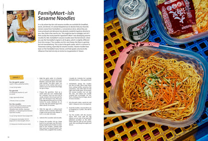 A signed and personalized copy of "Taiwanese? by Eric Sze" from Yu & Me Books rests on a blue crate next to sesame noodles with carrots and herbs, shown alongside a can of beer for a FamilyMart–ish Sesame Noodles recipe.