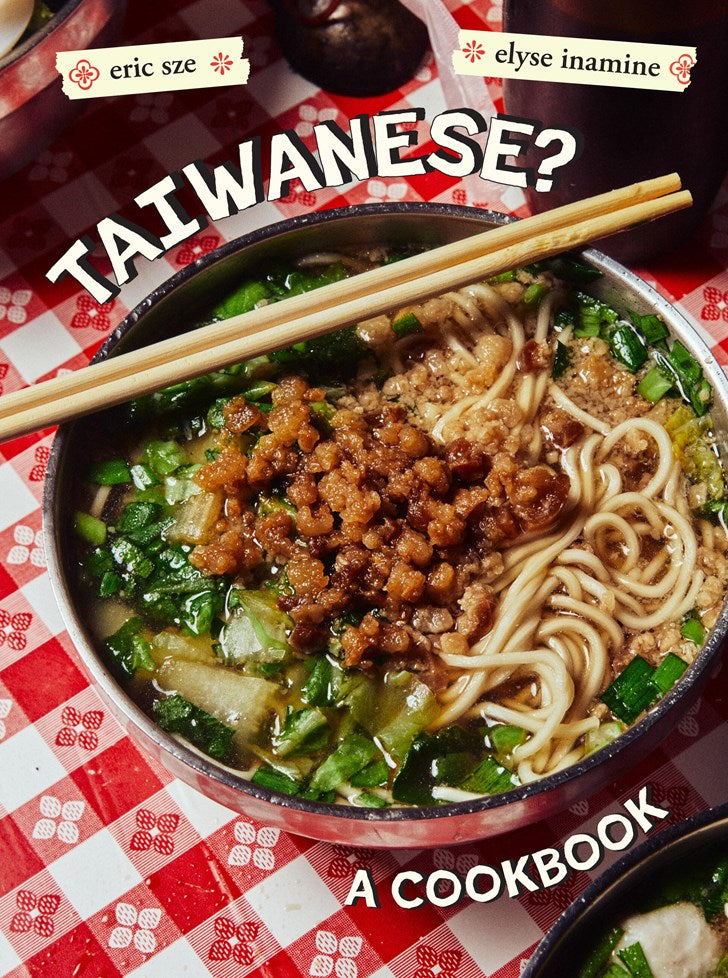A bowl of Taiwanese noodle soup with minced meat and greens, chopsticks resting atop, sits on a red checkered tablecloth. “Taiwanese?” by Eric Sze (Signed & Personalized), from Yu & Me Books, celebrates authentic Taiwanese cuisine.