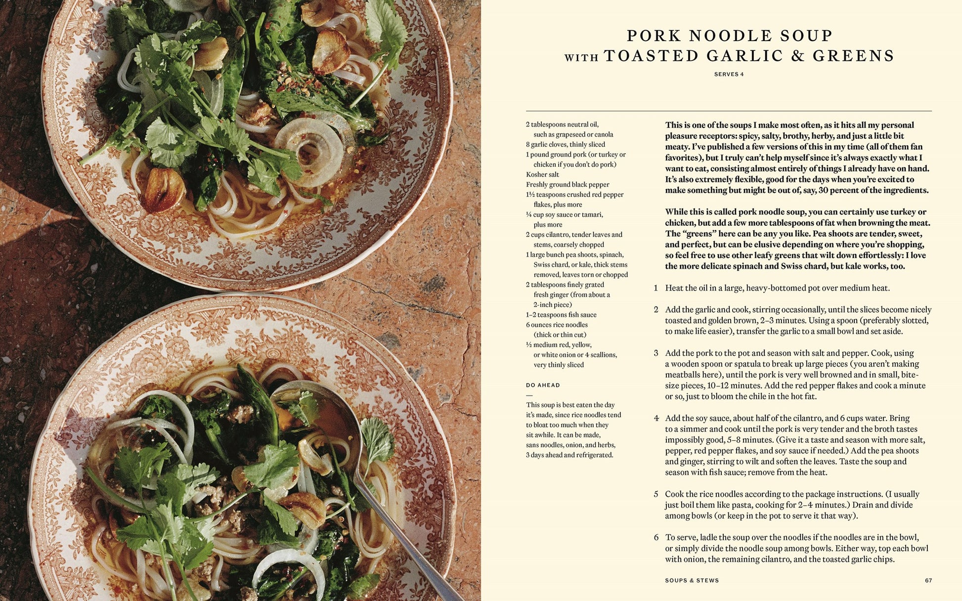 Two ornate bowls of pork noodle soup topped with cilantro, onions, and greens rest on a tan surface; at right is a recipe for Pork Noodle Soup with Toasted Garlic & Greens inspired by Something from Nothing by Alison Roman (Signed!) from Yu & Me Books.