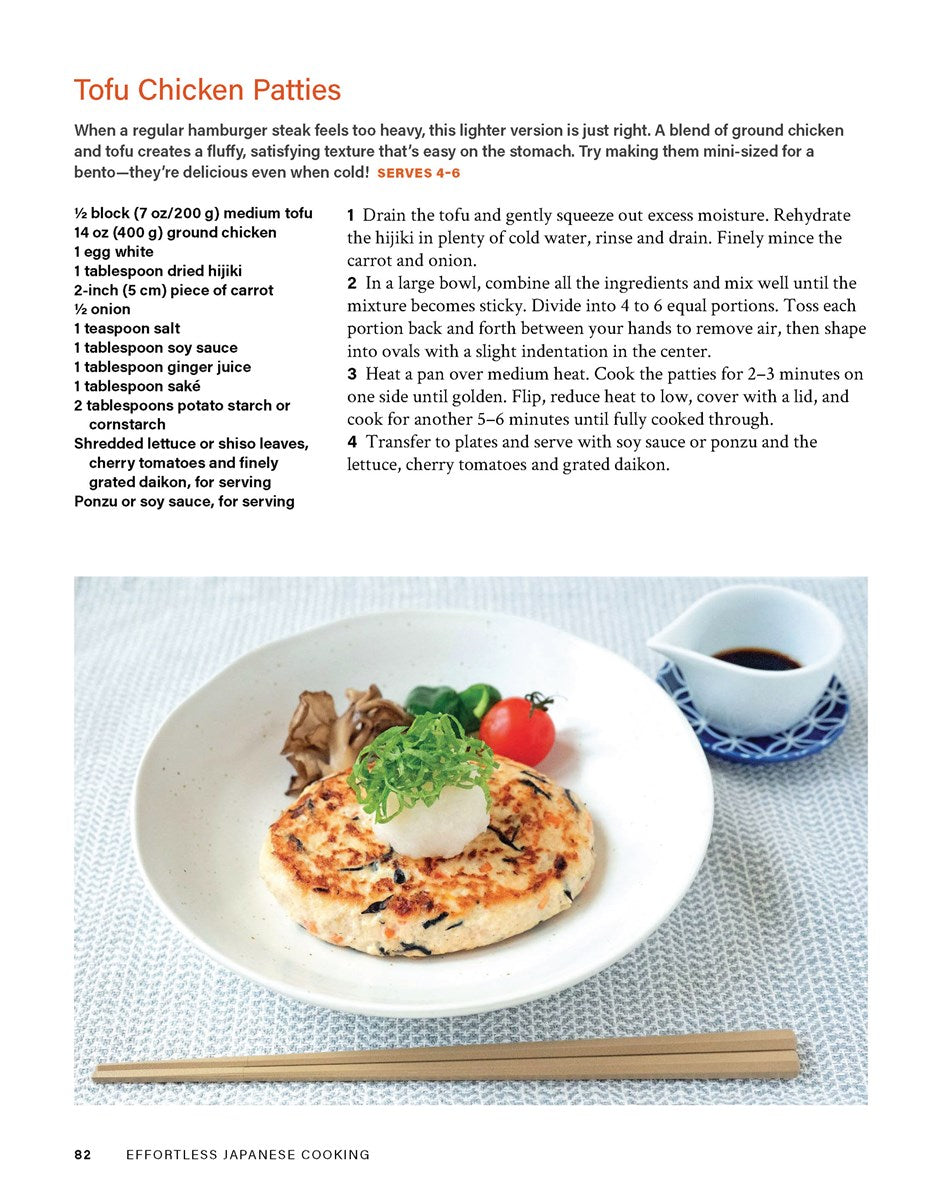 Discover a recipe page inspired by Effortless Japanese Cooking by Akino Ogata (Signed!) from Yu & Me Books, spotlighting tofu chicken patties. The page includes an ingredient list, step-by-step instructions, and a photo displaying small patties arranged on fresh lettuce. Each patty is artfully topped with grated daikon, tomato, and savory sauce—presented beautifully on a plate with chopsticks at the side—reflecting the elegance found in Kitchen Princess Bamboo’s creations.