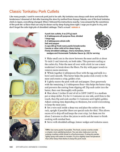 Recipe page for Classic Tonkatsu Pork Cutlets with step-by-step photos, ingredients, instructions, and a QR code. Features tips inspired by Akino Ogata of Effortless Japanese Cooking (signed edition) from Yu & Me Books, with a small cabbage illustration in the corner. Serves 4—an irresistible addition to any Japanese cookbook collection.