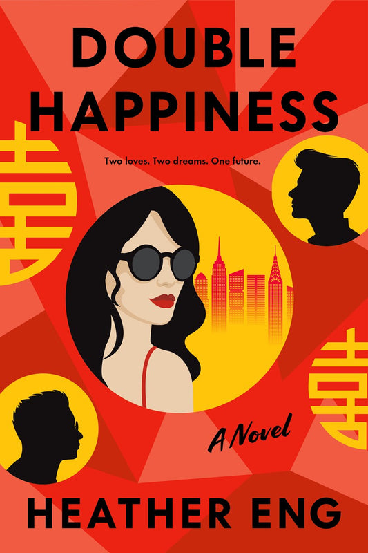A signed, personalized cover of "Double Happiness" by Heather Eng from Yu & Me Books features a woman in sunglasses, capturing the essence of contemporary romance.