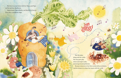 A whimsical watercolor scene for "Mei Mei the Bunny by Laufey" (with Signed Bookplate!) from Yu & Me Books shows rabbits at a giant carrot house—one hangs laundry, another reads a music book, while the third plays violin with colorful notes in the air.
