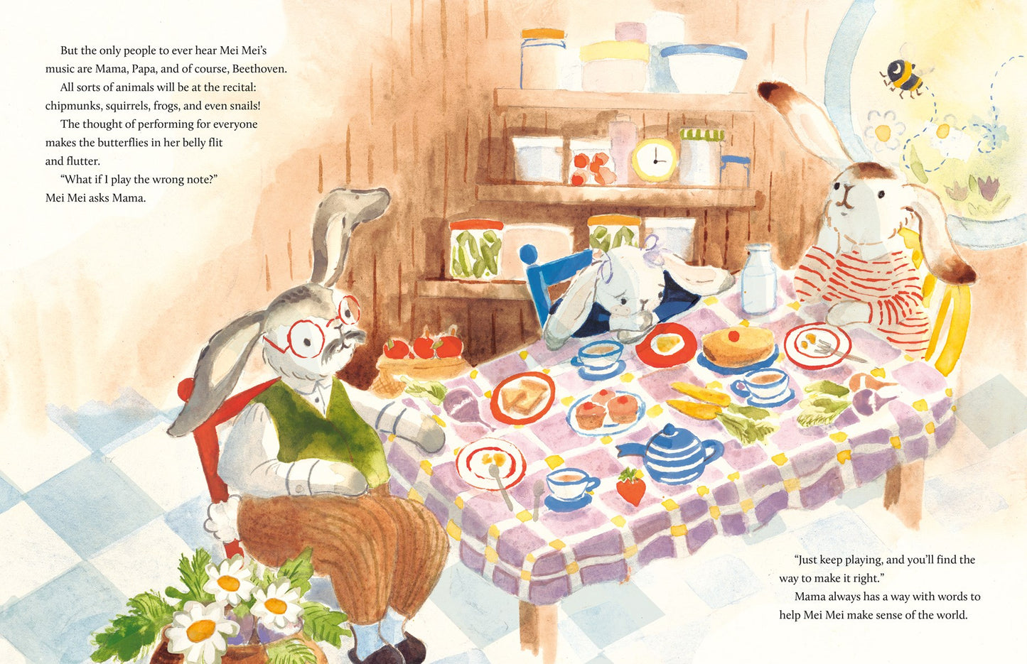 Three rabbits gather for breakfast in a cozy kitchen, sunlight streaming in—one comforts a nervous friend. The scene evokes "Mei Mei the Bunny by Laufey" (with Signed Bookplate!) from Yu & Me Books, straight out of a gentle picture book.