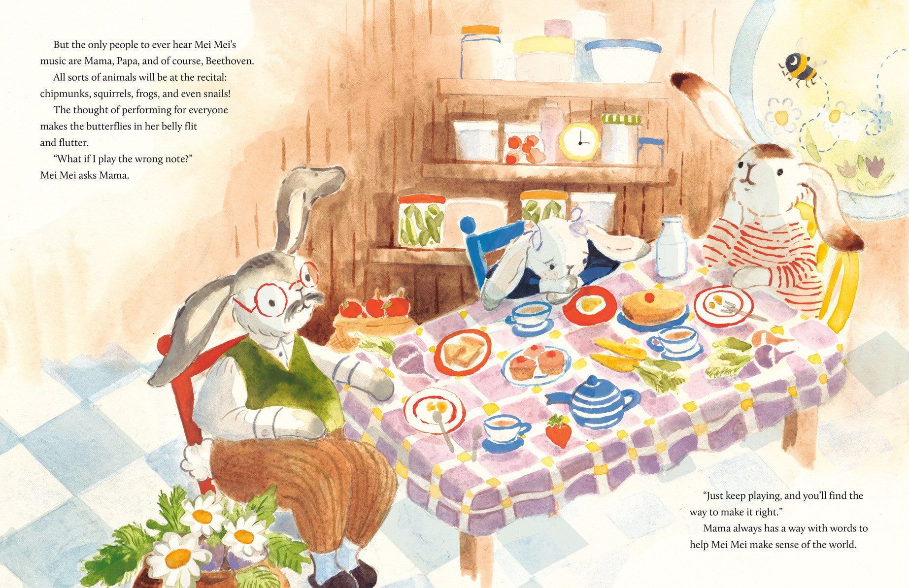 Three rabbits gather for breakfast in a cozy kitchen, sunlight streaming in—one comforts a nervous friend. The scene evokes "Mei Mei the Bunny by Laufey" (with Signed Bookplate!) from Yu & Me Books, straight out of a gentle picture book.