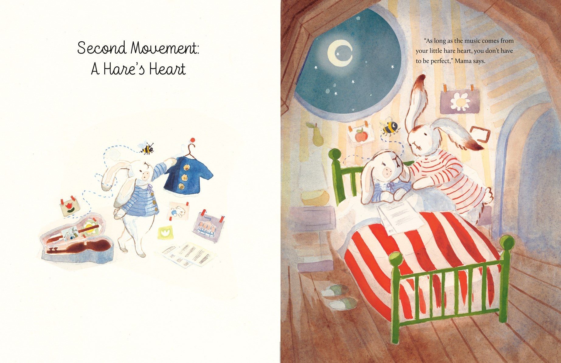 A two-page spread from "Mei Mei the Bunny by Laufey" (with Signed Bookplate!) from Yu & Me Books: Left, a bunny readies for ballet; right, her mother reads to her in bed beneath moonlight in their cozy attic room.