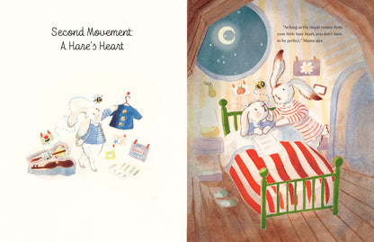 A two-page spread from "Mei Mei the Bunny by Laufey" (with Signed Bookplate!) from Yu & Me Books: Left, a bunny readies for ballet; right, her mother reads to her in bed beneath moonlight in their cozy attic room.