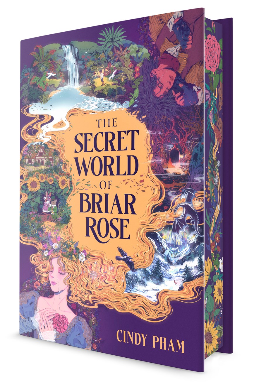 The signed, personalized edition of The Secret World of Briar Rose by Cindy Pham (Yu & Me Books) features a vibrant cover with detailed illustrations of a waterfall, forest, castle, and a woman holding a rose on a purple background.