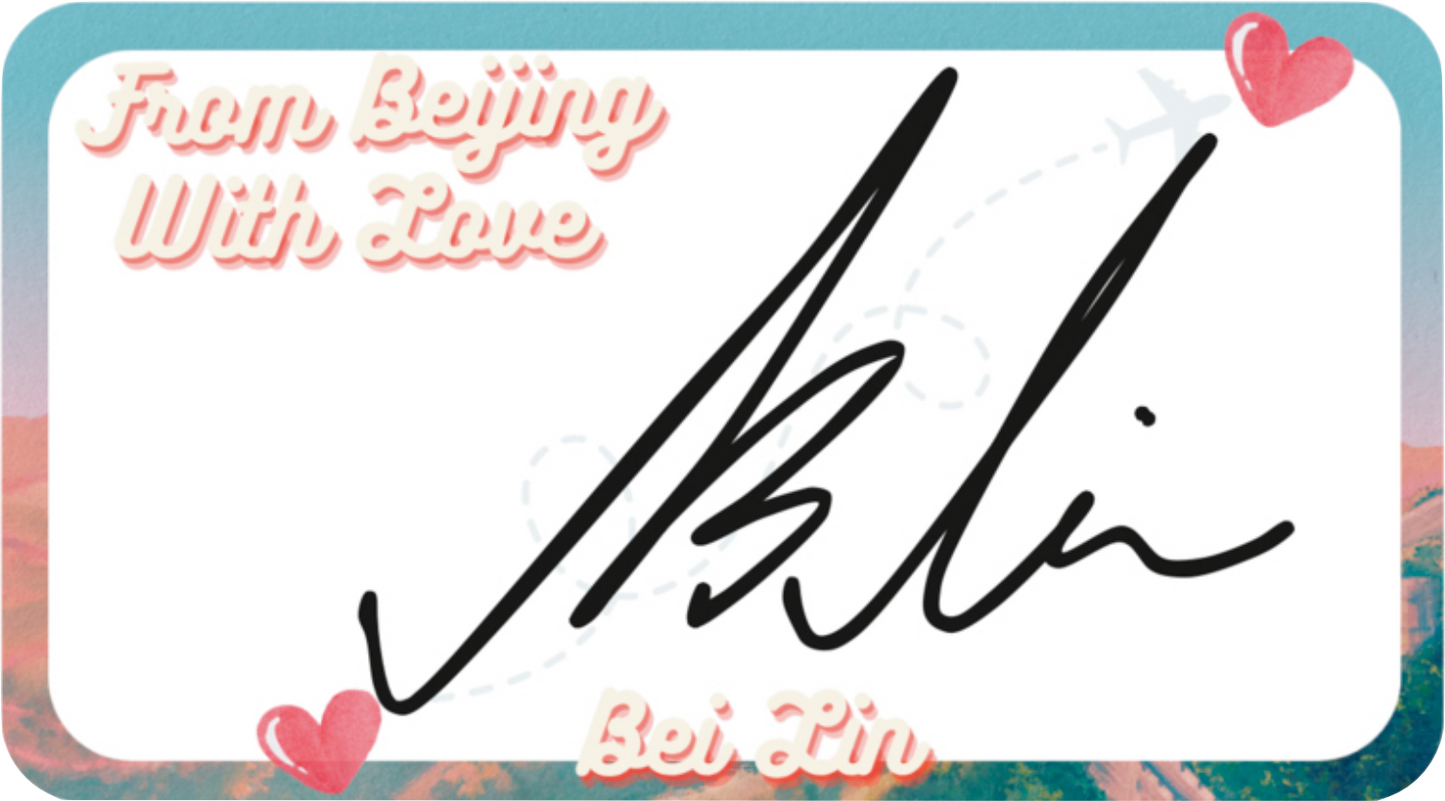 A postcard-style graphic with cursive “From Beijing, with Love” by Bei Lin features red hearts, an airplane, and highlights signed bookplate, bookmark & sticker—perfect for fans to pre-order from Yu & Me Books.
