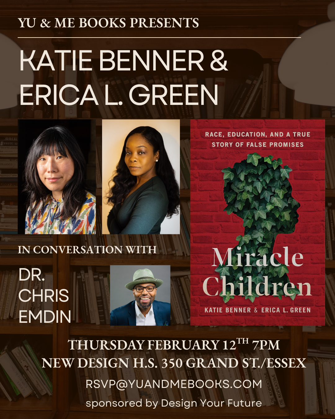 A poster for "Book Talk | Miracle Children by Katie Benner and Erica L. Green" at Yu & Me Books, exploring the college admissions scandal, American education inequalities, and T.M. Landry College Prep.