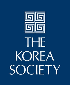 A blue background with four white geometric spiral designs above the words THE KOREA SOCIETY in bold, all-caps text—evoking the meditative calm of Seon Buddhism and the poetic introspection found in South Korean poetry, as reflected in Lee Song-Bok’s That Summer’s End, featured at [Korea Society Event] and offered by Yu & Me Books.