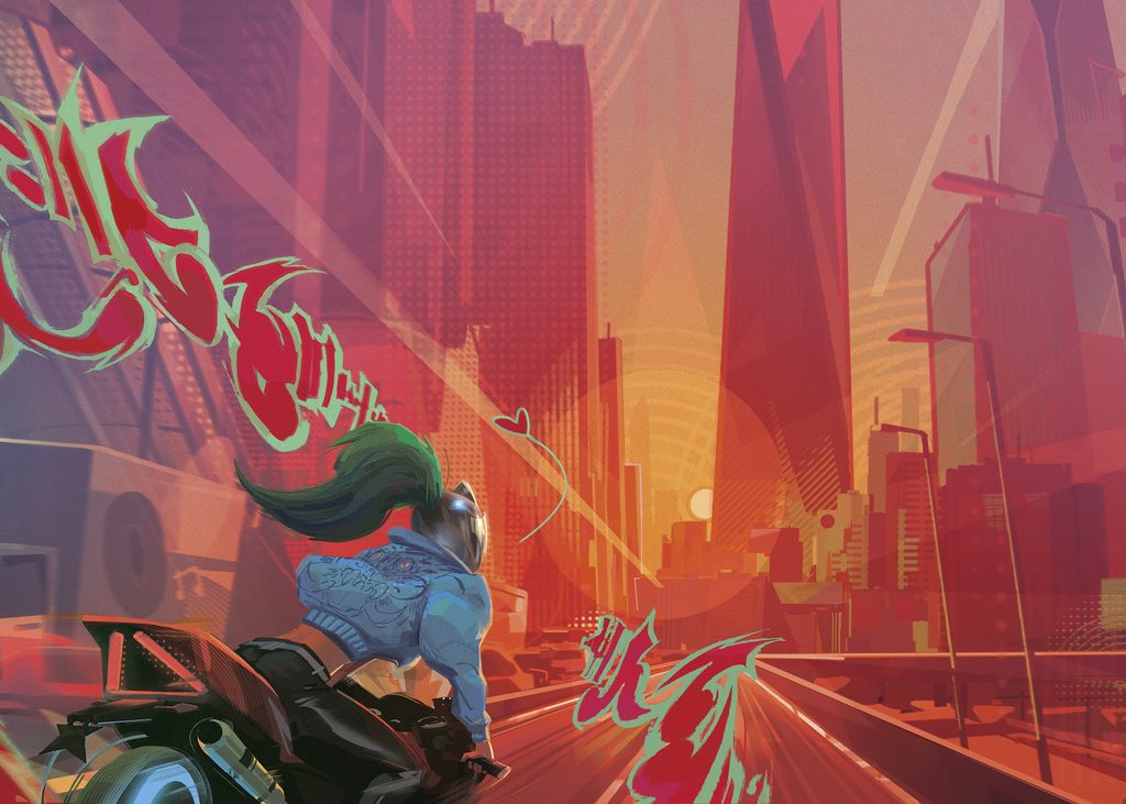 A motorcyclist with a high ponytail rides toward a Tempo Point city skyline, its futuristic buildings glowing with neon graffiti in a K/DA’s Evolution with Art Director Airi Pan sunset.