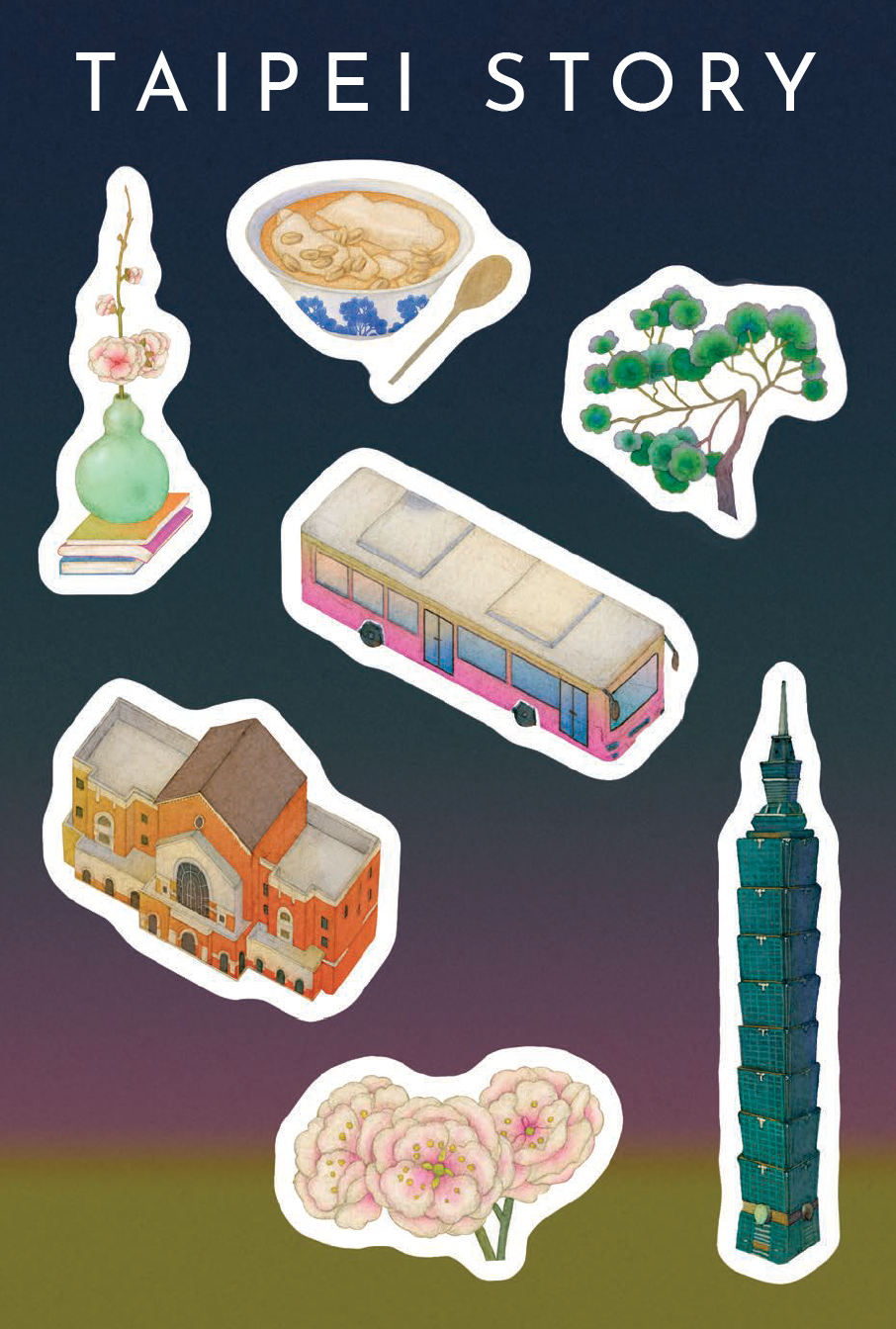 Featuring sticker-style illustrations of a bus, Taipei 101, a bowl of soup, a vase, a tree, flowers, and a building with the title at the top, this unique cover design for Taipei Story (Deluxe Edition) by RF Kuang (Signed! with Sticker Sheet), from Yu & Me Books, perfectly captures the spirit of a coming-of-age tale in Taipei and would make for an eye-catching limited deluxe hardcover edition.