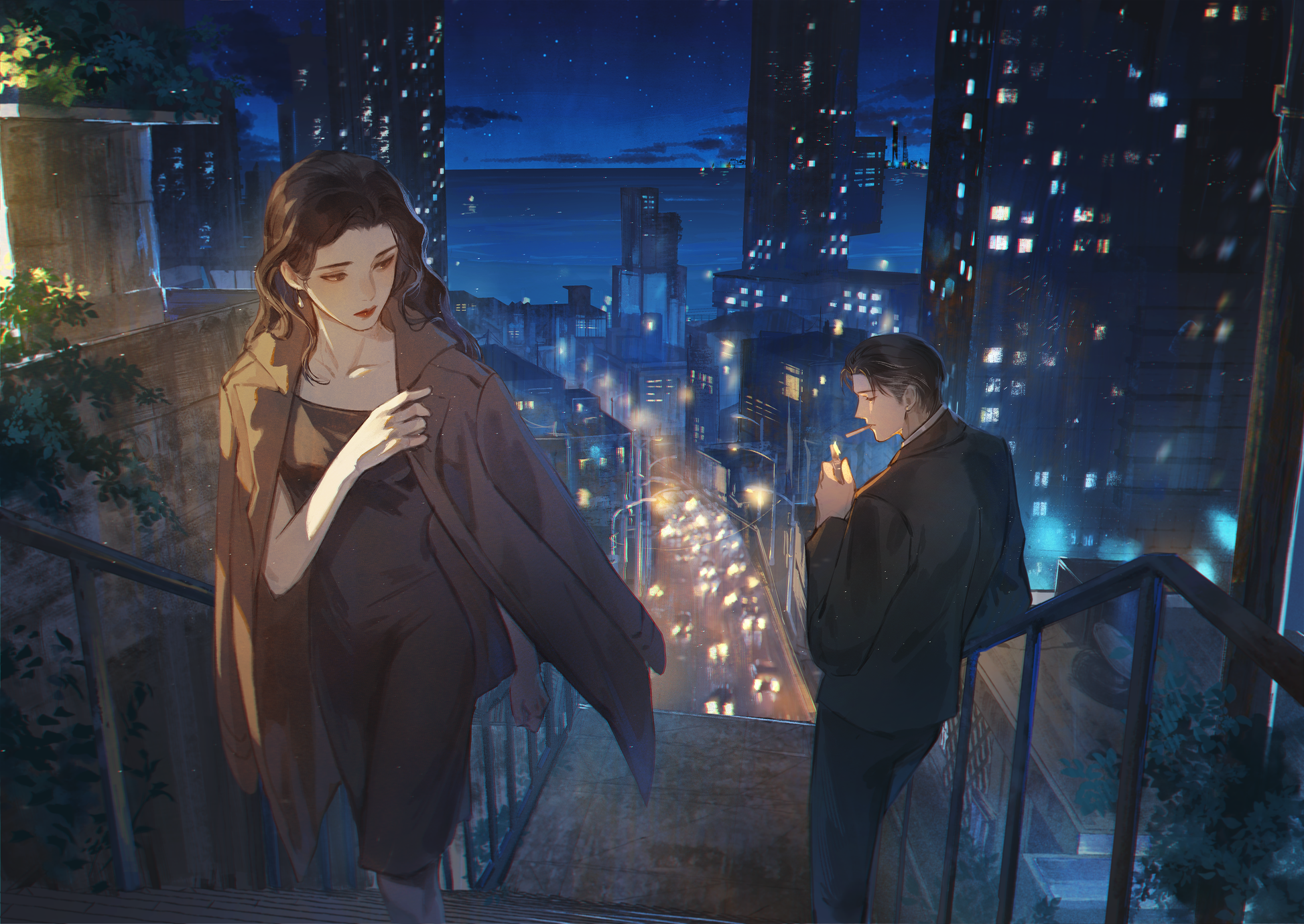 A woman stands on city stairs at night, evoking the moody vibe of a Korean crime novel—just like the atmosphere in "The Devoted" by Catherine Cho, available signed and personalized with a free postcard from Yu & Me Books.