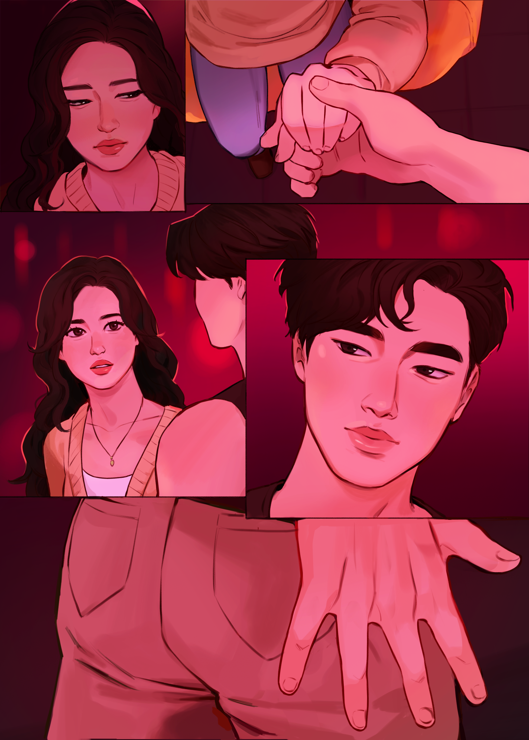 A digital comic-style illustration depicts a woman and man in warm light, holding hands with intense expressions—ideal for fans of "Cuffing Game" by Lyla Lee (Signed & Personalized, Gift Set!) from Yu & Me Books.