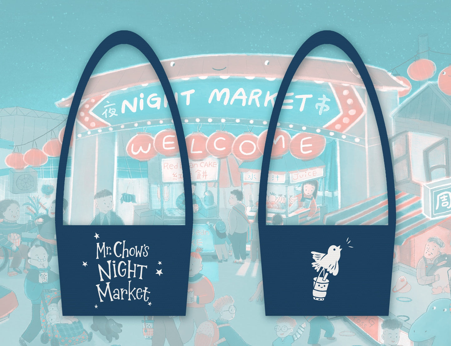 Illustration of two blue totes over a vibrant Taiwan night market. One says "Mr. Chow’s NIGHT Market," the other shows a bird on dim sum baskets—ideal for fans of signed, personalized "Mr. Chow's Night Market" by Emily Sun Li & Yu Ting Cheng from Yu & Me Books.