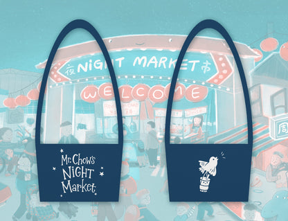 Illustration of two blue totes over a vibrant Taiwan night market. One says "Mr. Chow’s NIGHT Market," the other shows a bird on dim sum baskets—ideal for fans of signed, personalized "Mr. Chow's Night Market" by Emily Sun Li & Yu Ting Cheng from Yu & Me Books.