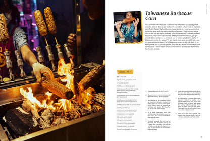 A person enjoys grilled corn at a lively food stall, surrounded by roasting cobs—capturing the vibrant spirit celebrated in "Taiwanese? by Eric Sze (Signed & Personalized)" from Yu & Me Books.