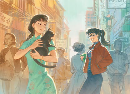 Two young women meet on a bustling city street. One holds a black cat and the other smiles in a red jacket as sunlight shines. Discover “Fishbone Cinderella” by Elizabeth Lim, signed & personalized at Yu & Me Books, with free art print and bookmark!.