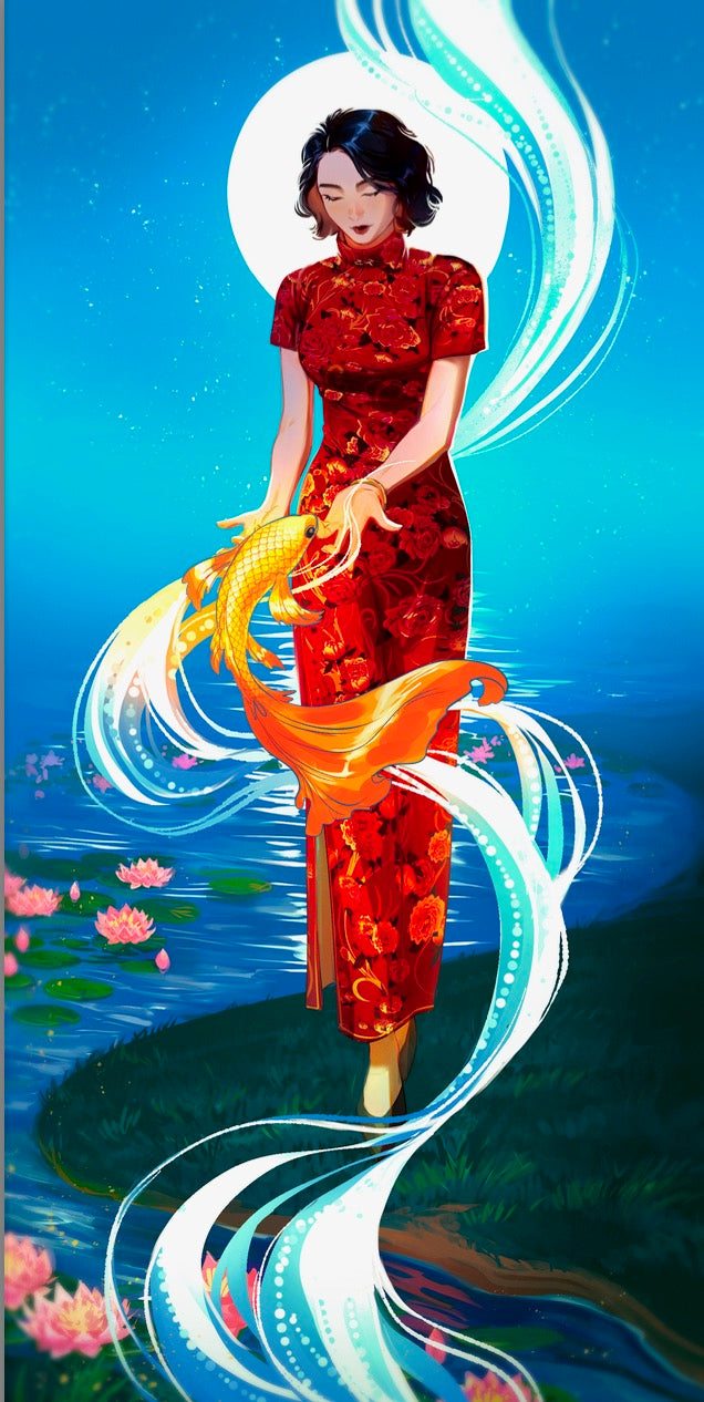 A woman in a red floral dress stands by a pond under the moon, holding a golden koi—evoking Fishbone Cinderella by Elizabeth Lim (Signed & Personalized with FREE art print & bookmark from Yu & Me Books)—amid swirling ribbons and pink lotuses.