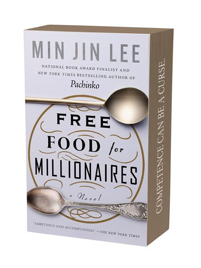 Book cover for Free Food for Millionaires by Min Jin Lee (Signed!), featuring a gold-toned spoon and an ornate border.