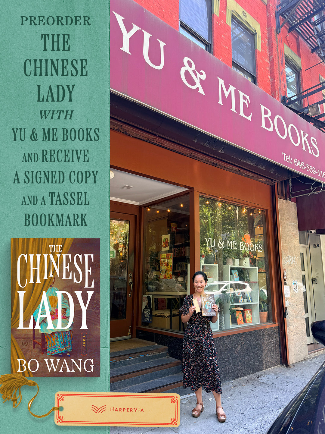 A Chinese woman in America stands outside Yu & Me Books, holding a signed and personalized copy of The Chinese Lady by Bo Wang, inspired by Afong Moy. A sign promotes preorder perks: a free tassel bookmark with each copy. The bookstore’s red awning is visible above.