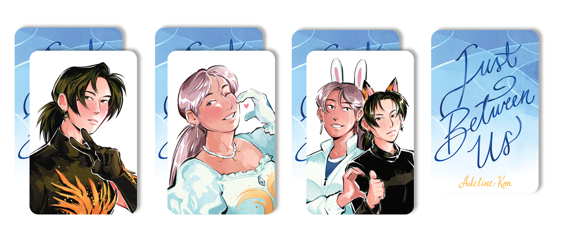 Four illustrated cards depict lively scenes: a fiery-skating motif, a light-haired figure in blue, two with bunny and cat ears, and one reading "Just Between Us." Get them with your signed & personalized pre-order of Just Between Us by Adeline Kon at Yu & Me Books!.
