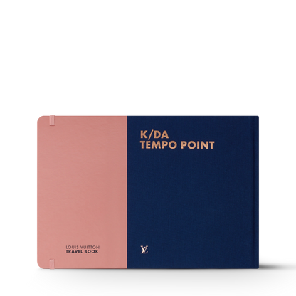 A landscape-oriented K/DA’s Evolution with Art Director Airi Pan book by Yu & Me Books with a cover split between light pink and dark blue, featuring the gold text K/DA TEMPO POINT and a brand logo at the bottom.