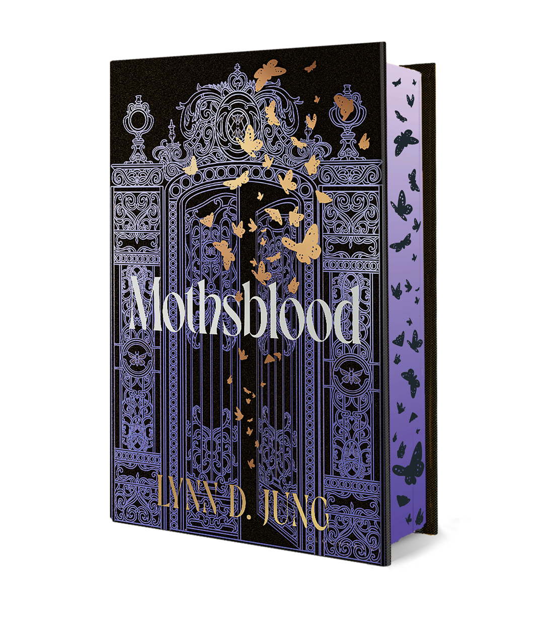 Mothsblood by Lynn D Jung (with Signed Bookplate!) from Yu & Me Books is a limited edition featuring a purple and black gate with gold moths and butterflies, plus patterned edges with matching moths and butterflies.