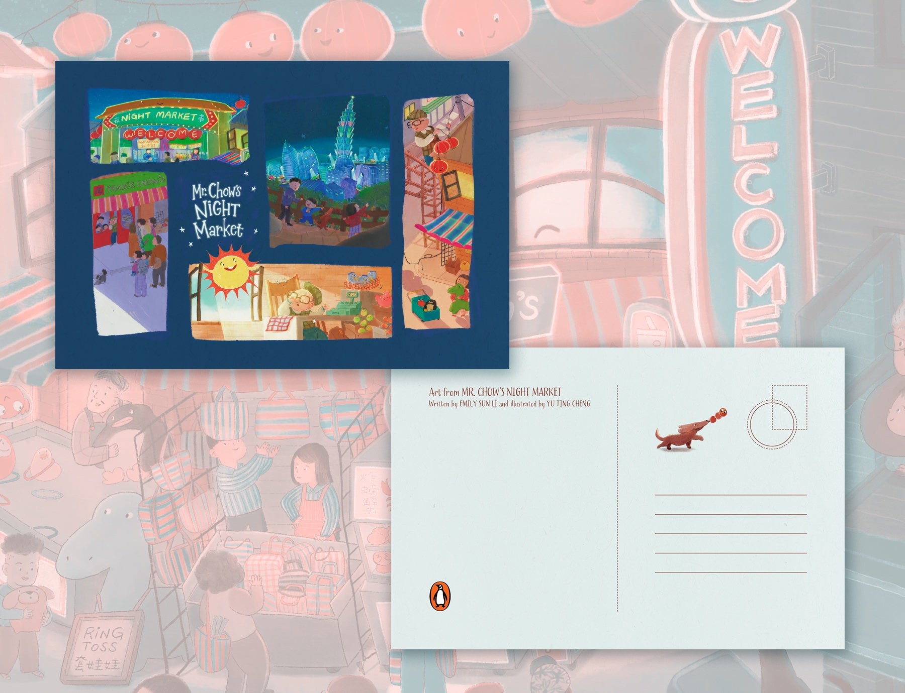 Send a piece of Taiwan with Mr. Chow's Night Market by Emily Sun Li and Yu Ting Cheng—a signed, personalized postcard from Yu & Me Books. Features vibrant night market scenes, cute details, and space for your message. Includes free gifts!.