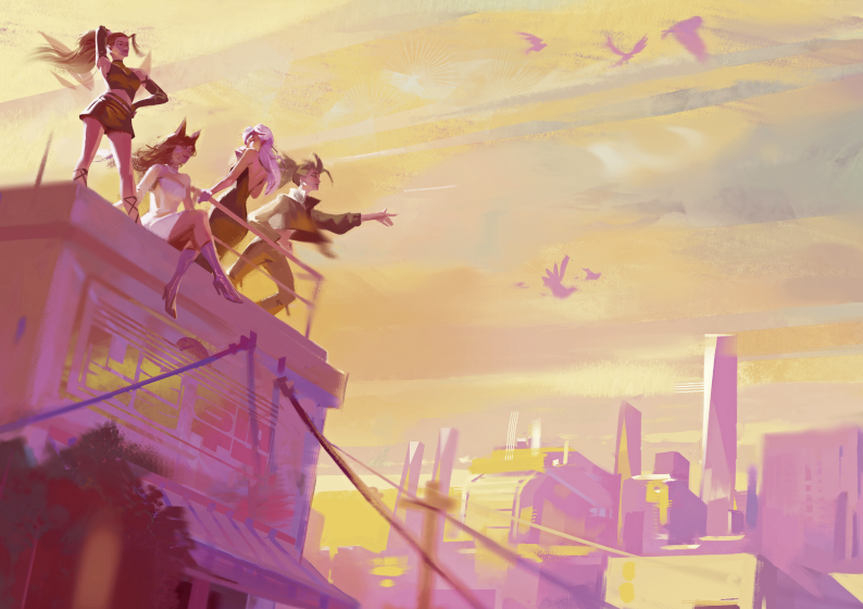 Four stylized K/DA characters from K/DA’s Evolution with Art Director Airi Pan stand on a rooftop overlooking a city skyline at sunset in the style of a Louis Vuitton Travel Book.