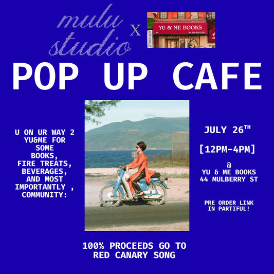 Digital flyer for Pop Up Cafe | Mulu Studio by Yu & Me Books, featuring a woman on a blue scooter by the beach. Enjoy vegan treats; all proceeds support Red Canary Song. Event details included.