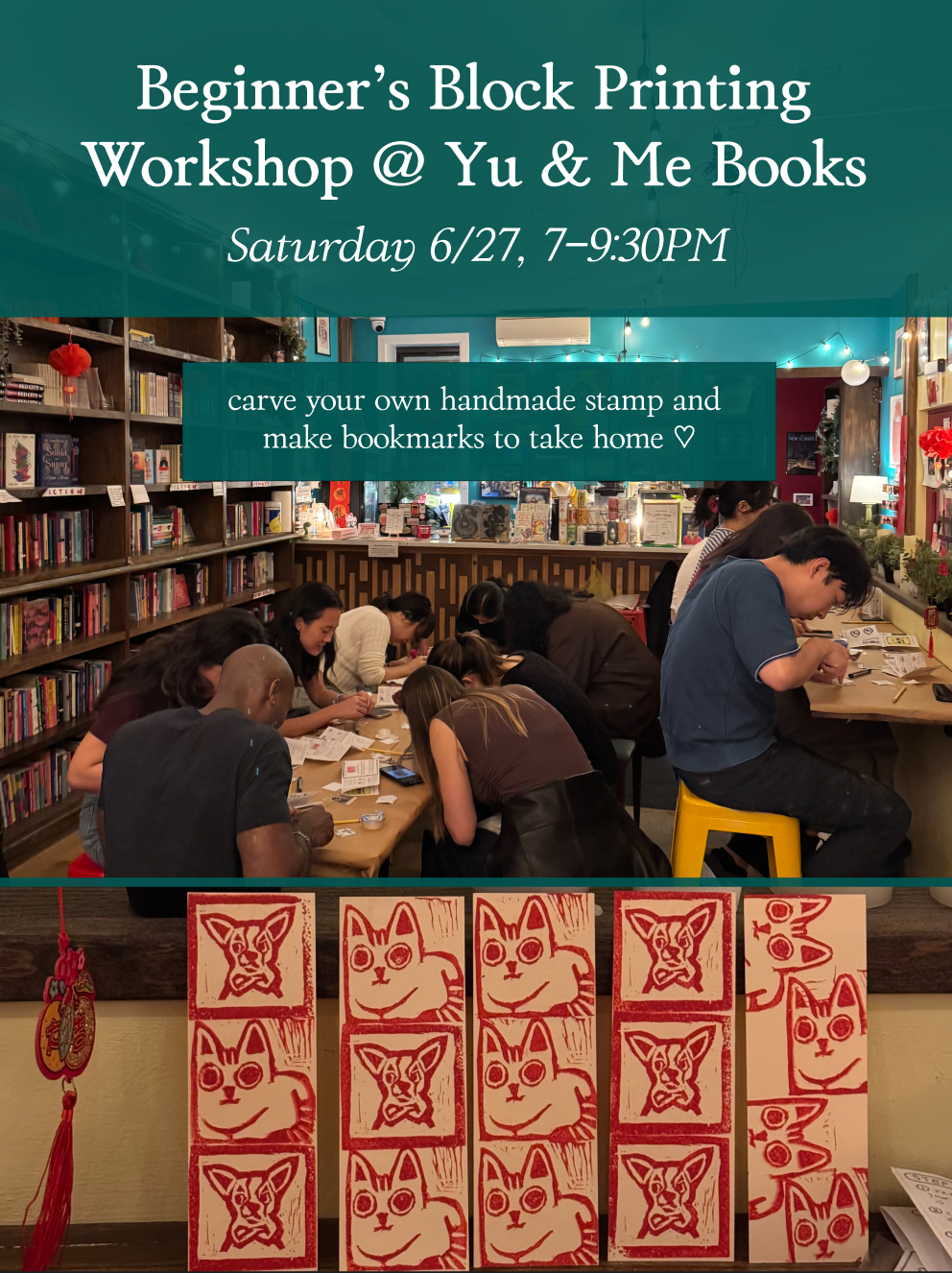 At Yu & Me Books, guests at the Beginner's Block Printing Workshop with Kintsugi Print Studio carve stamps in a cozy, well-lit space. Red and white animal block prints are displayed as participants craft their own handmade bookmarks.