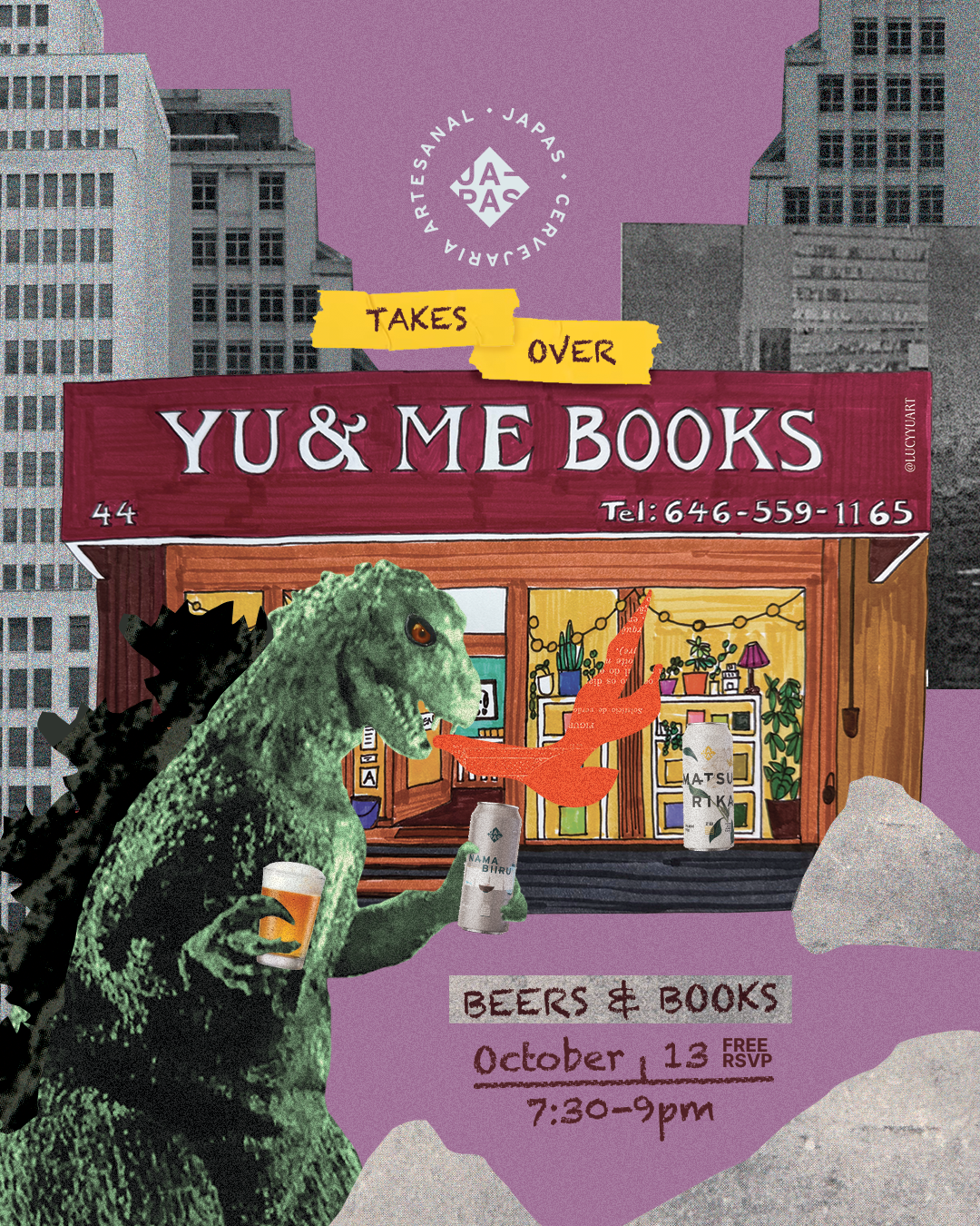 A green Godzilla holding beer stands before the Yu & Me Books storefront, celebrating Japanese heritage alongside details for the Japas Cervejaria x Yu & Me Books Takeover—a distinctive event presented by Yu & Me Books and featuring Brazilian craft beer—on October 13 from 7:30 to 9pm.