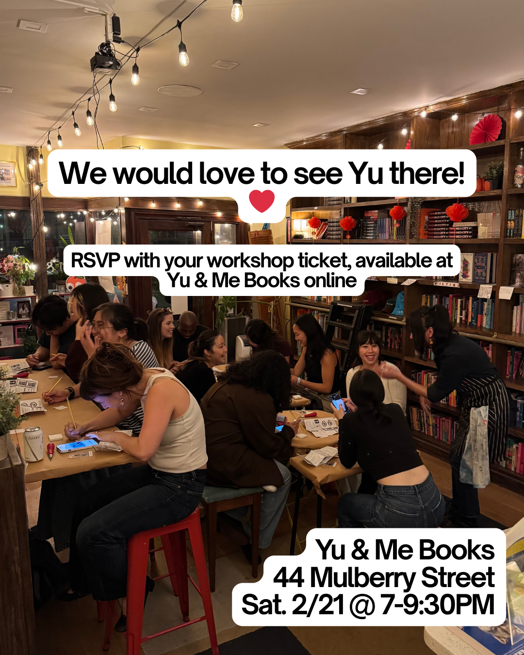 A group gathers in Yu & Me Books’ cozy, book-lined space for creative projects. Event info overlays the image: Beginner's Block Printing Workshop with Kintsugi Print Studio at Yu & Me Books.